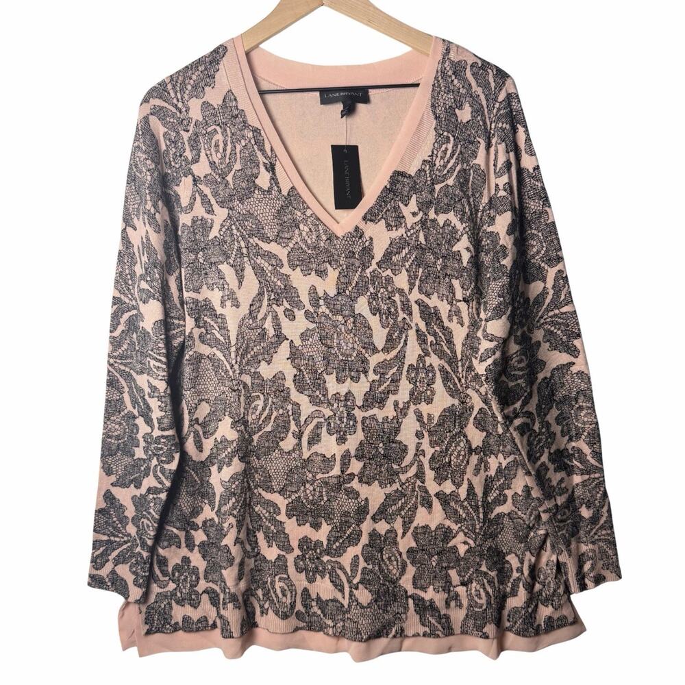 Lane Bryant Lace Print Pink Sweater Chiffon Trim V-neck Women's Plus 22/24